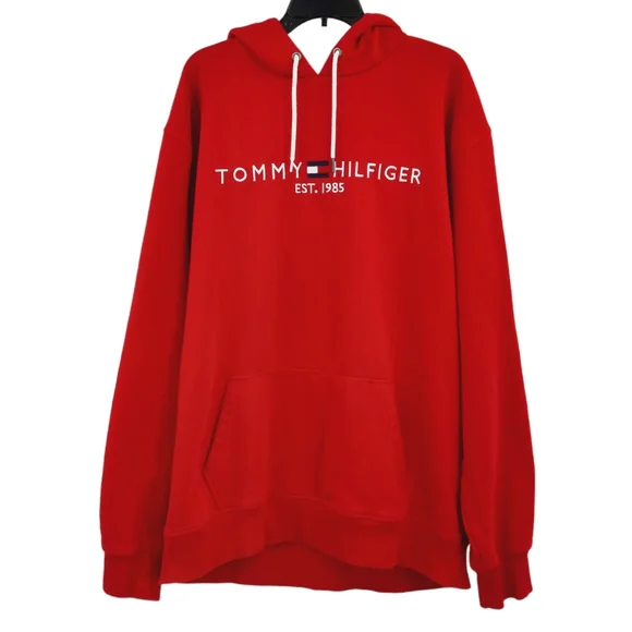 TOMMY HILFIGER Mens Red Embroidered Spellout Flag Logo Hoodie Sweatshirt XXXL - Picture 13 of 13